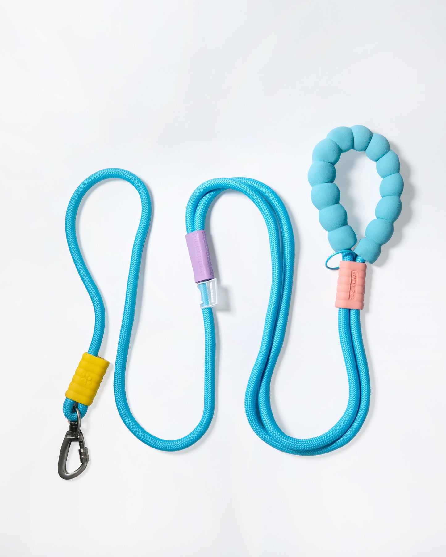 Blue rope dog leash with soft padded handle and colorful accents – durable climbing rope pet lead with safety clip for walking dogs