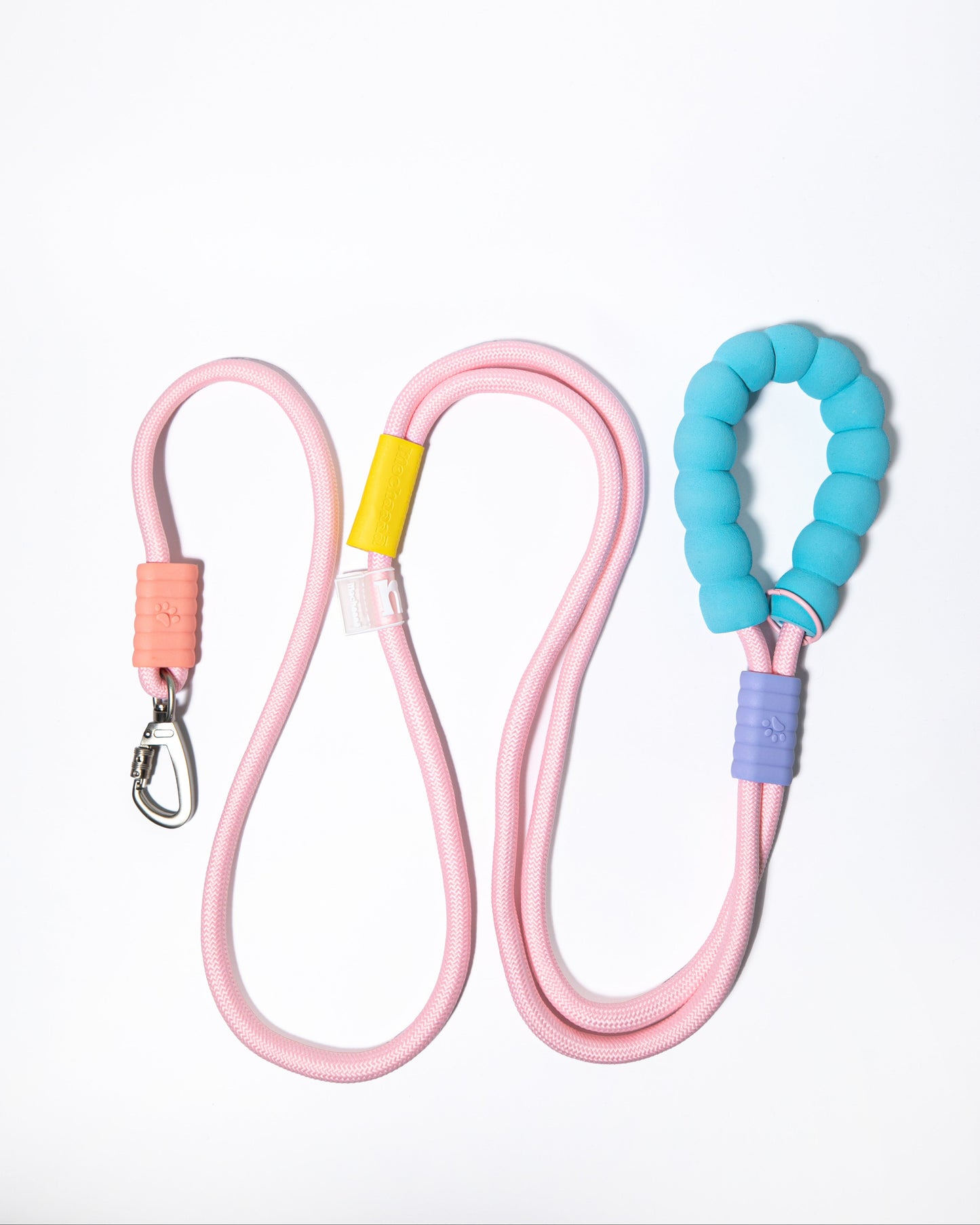 Pink rope dog leash with cushioned blue handle – heavy-duty climbing rope pet leash with safety clip and colorful grip for walking dogs