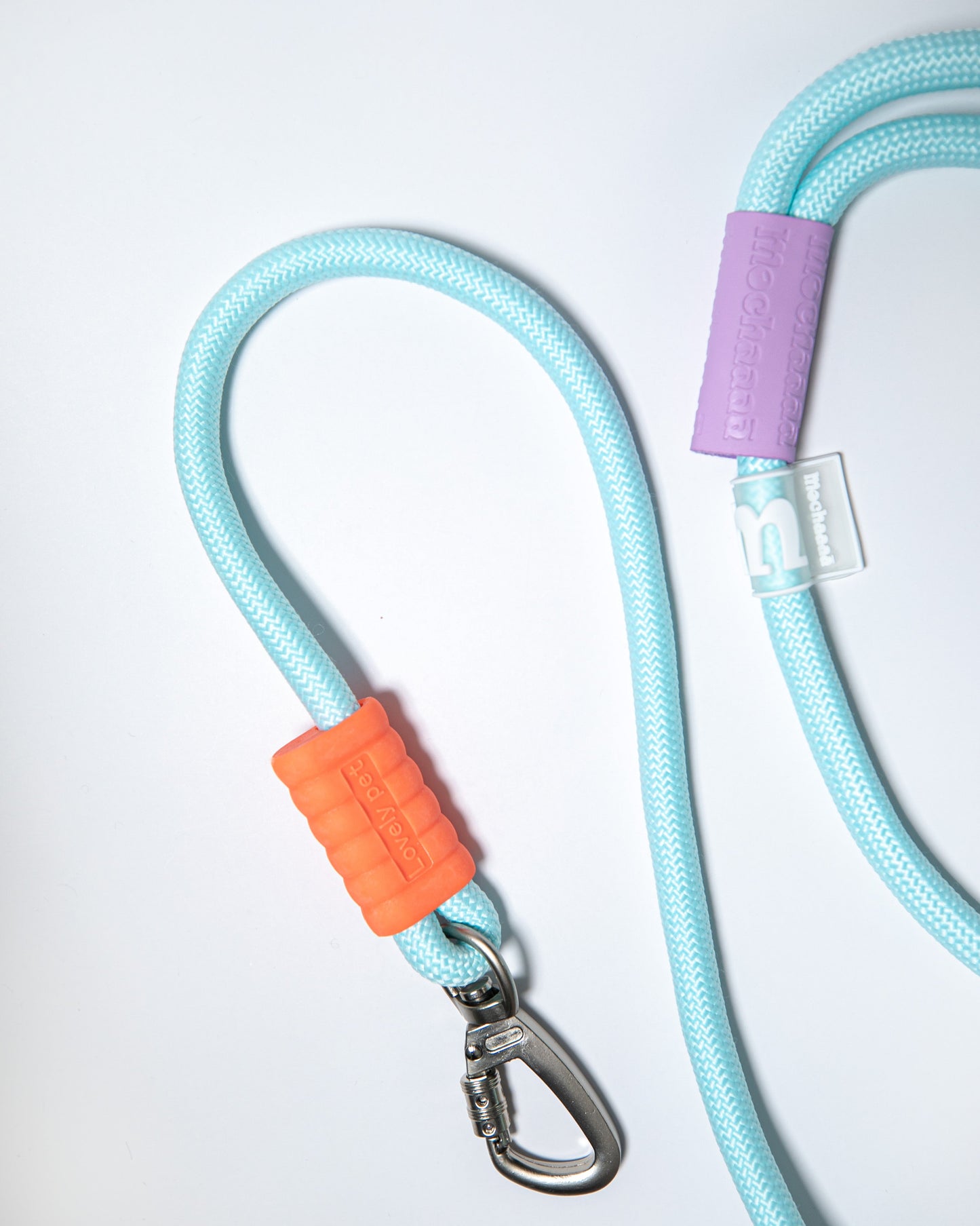 Light blue rope dog leash with bright green foam handle and secure metal clasp – stylish, durable leash for pet walking and training