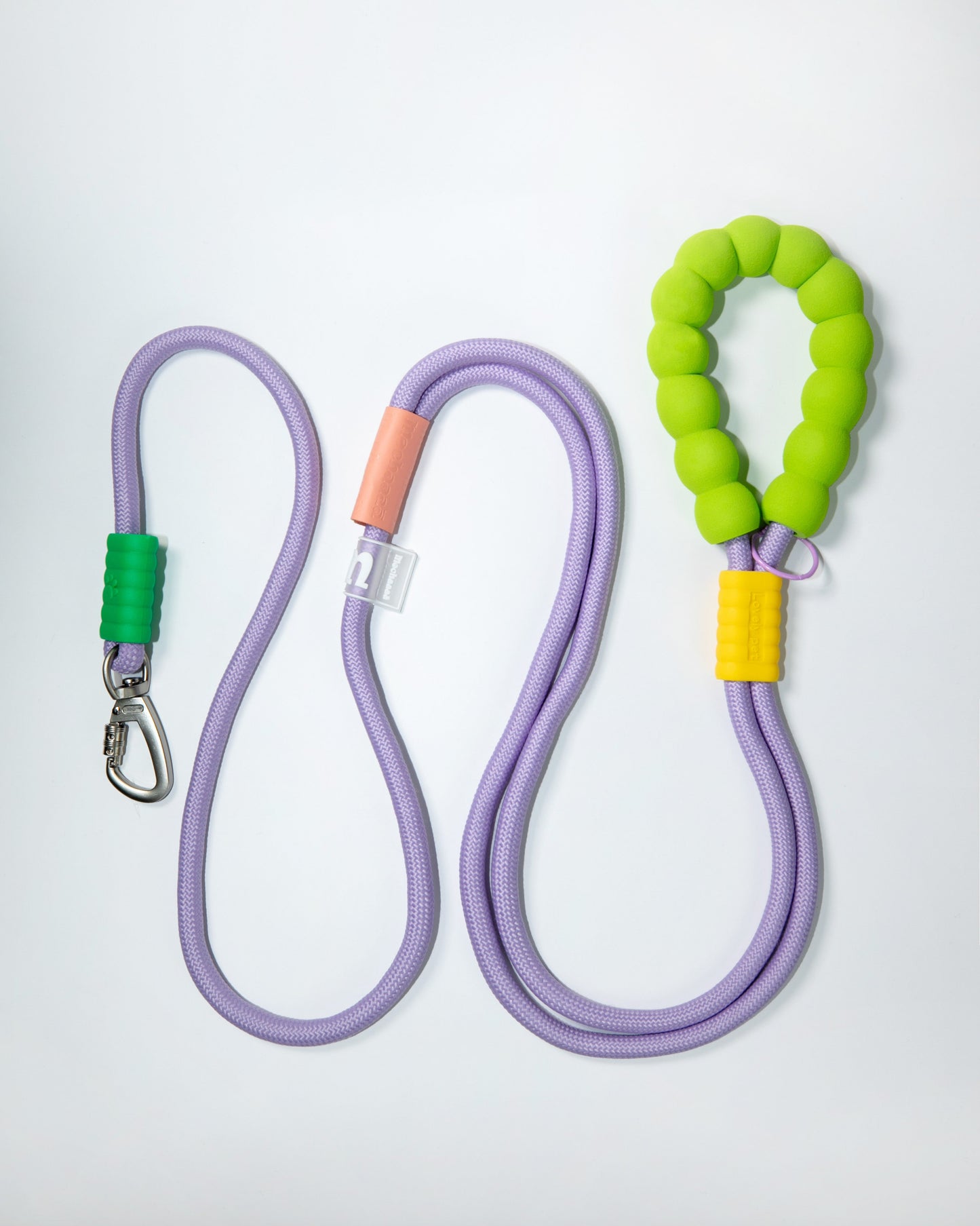Purple rope dog leash with soft neon green and yellow foam handle – climbing rope style lead with heavy-duty metal clip for pet safety and comfort