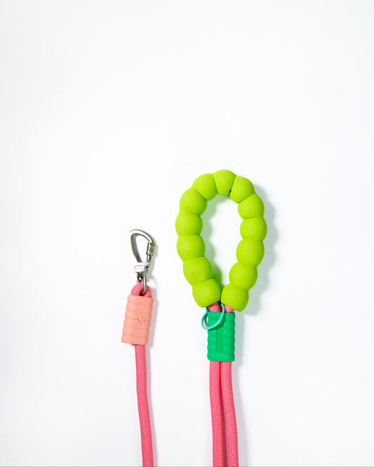 Pink rope dog leash with soft neon green padded handle – durable climbing rope style lead with secure metal clip for medium to large dogs