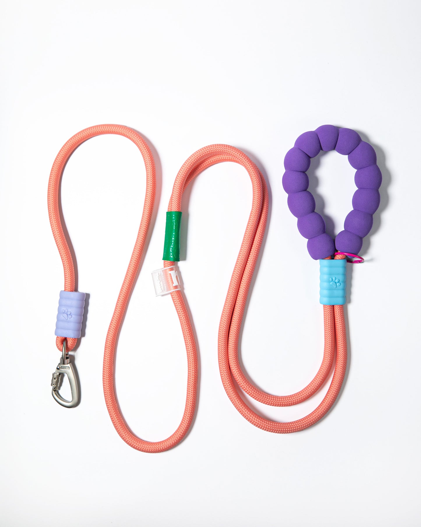Coral pink rope dog leash with soft purple handle and safety clip – stylish durable lead for small to medium dogs