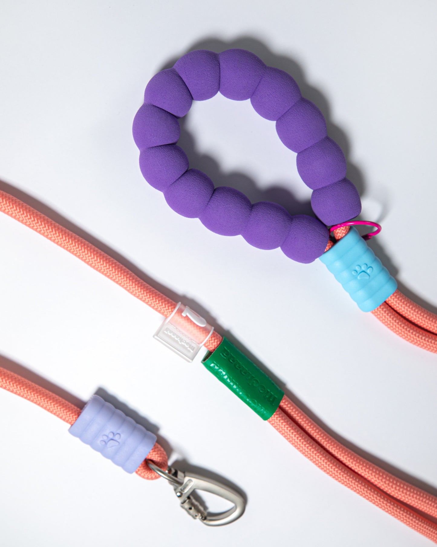 Coral pink rope dog leash with soft purple handle and safety clip – stylish durable lead for small to medium dogs