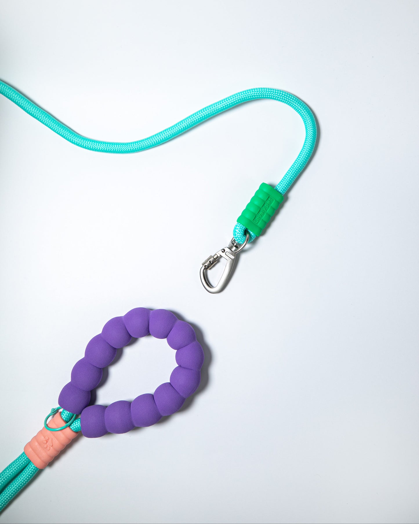 Mint green rope dog leash with purple cushioned handle and metal clip – colorful no-pull leash for pet walking and training