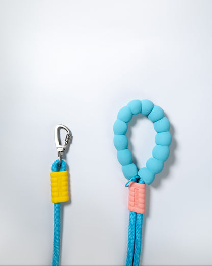 Blue rope dog leash with soft padded handle and colorful accents – durable climbing rope pet lead with safety clip for walking dogs