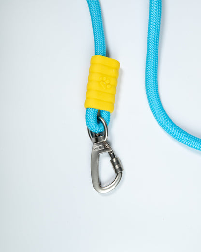 Blue rope dog leash with soft padded handle and colorful accents – durable climbing rope pet lead with safety clip for walking dogs