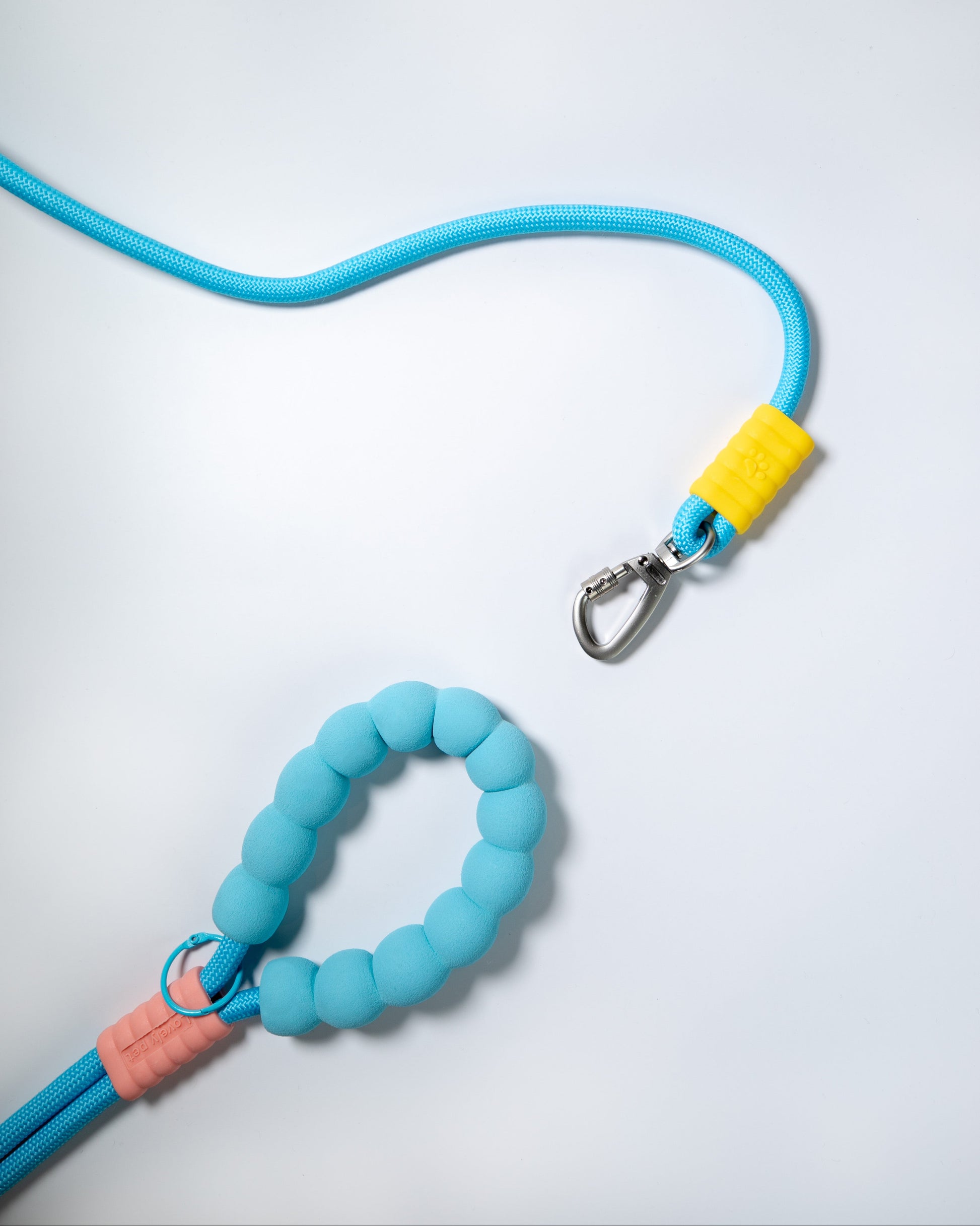Blue rope dog leash with soft padded handle and colorful accents – durable climbing rope pet lead with safety clip for walking dogs