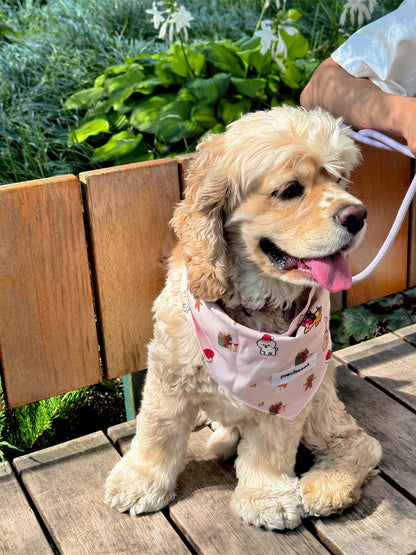 A fluffy cream-colored dog sitting on a wooden deck wearing a light pink bandana with a cute cartoon print. A person's hand is visible holding the dog's leash in an outdoor garden setting.