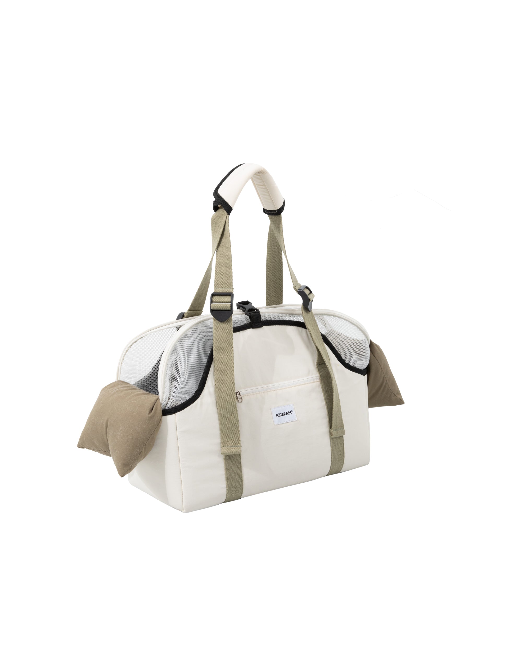 Pet carrier with beige accents on a white background