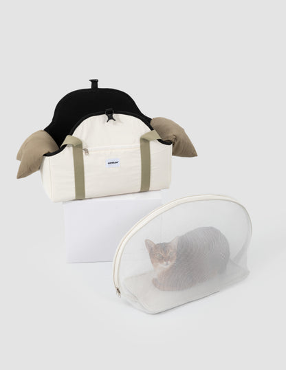 Two pet carriers, one with a black interior and beige exterior, and another transparent dome-style carrier with a cat inside on a white background.