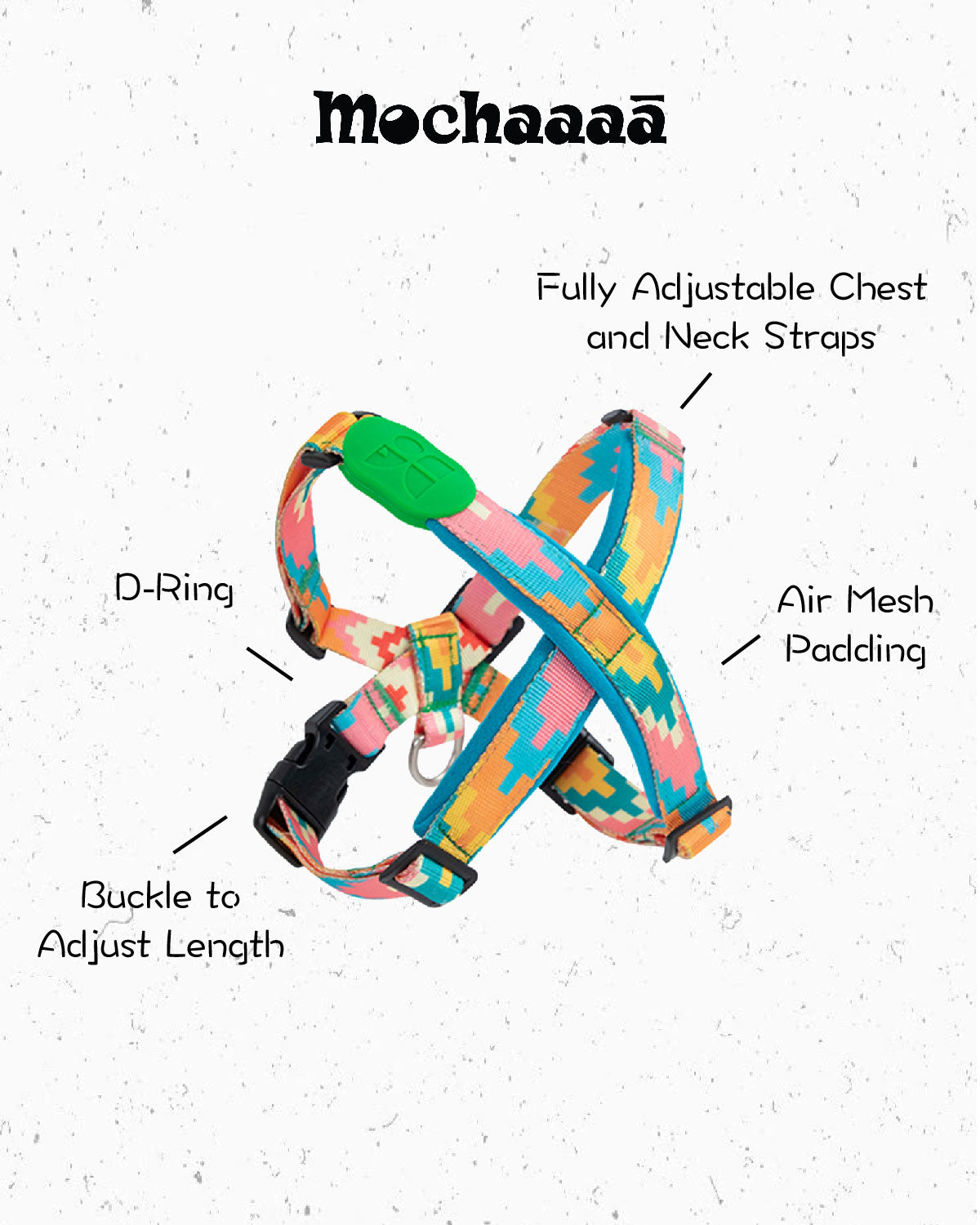 Colorful geometric dog harness with adjustable straps and no-pull design – durable nylon for small to medium dogs, perfect for outdoor walks and training