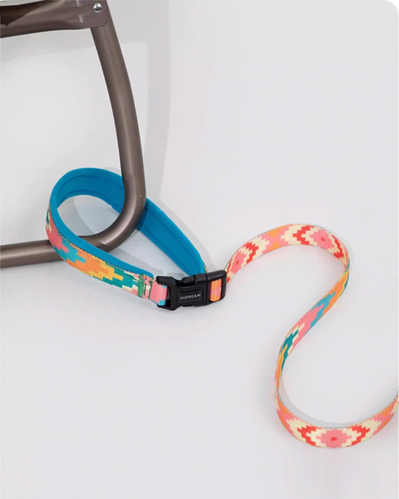 Close-up of colorful hands-free dog leash looped around chair – adjustable nylon strap with padded handle and secure HIDREAM buckle for versatile everyday pet use