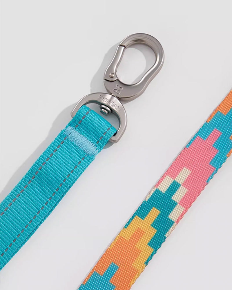 Close-up of high-strength metal hook and reinforced nylon strap on colorful dog leash – secure clip attachment for safe walking, hiking, or outdoor training