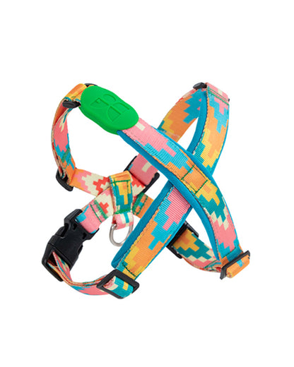Colorful geometric dog harness with adjustable straps and no-pull design – durable nylon for small to medium dogs, perfect for outdoor walks and training