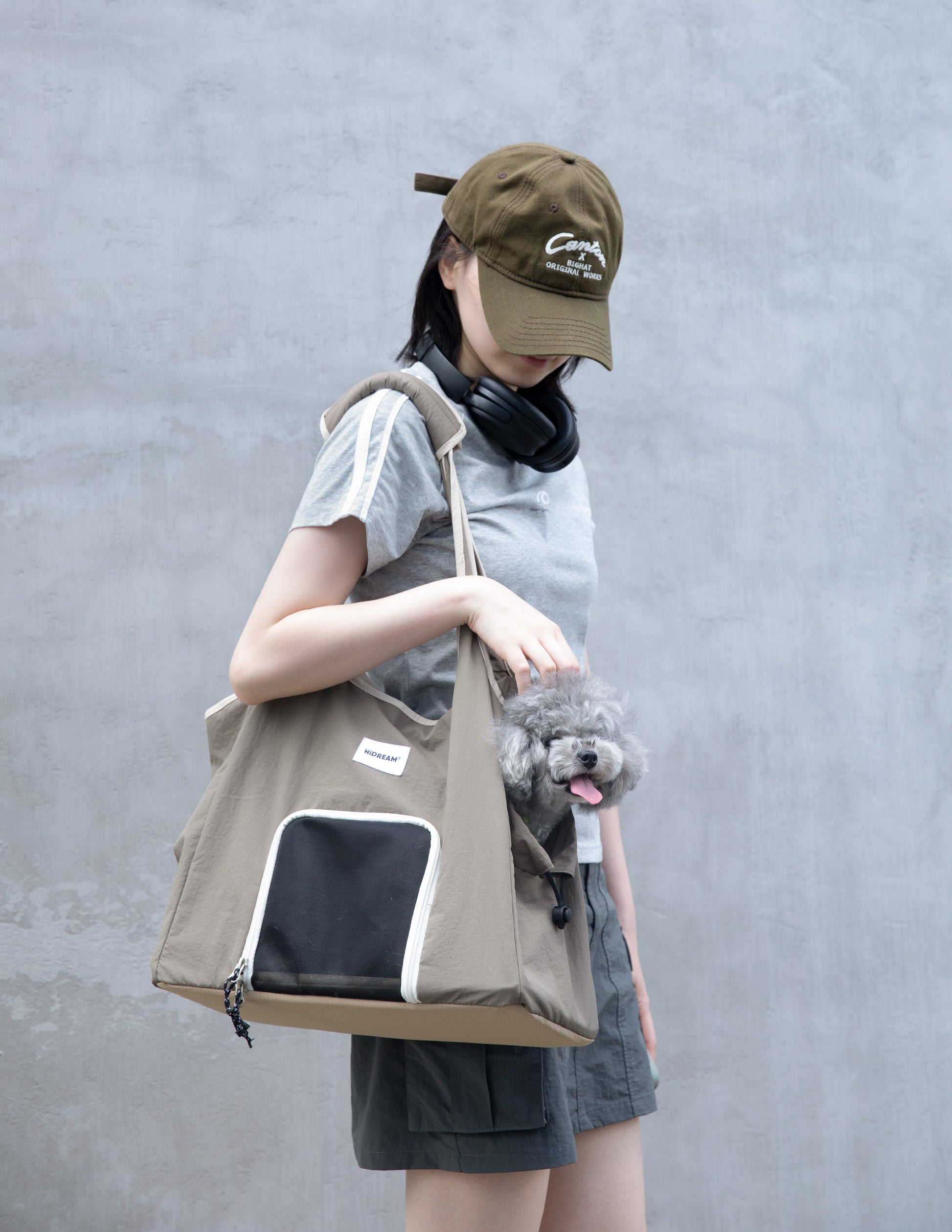 Beige pet carrier tote bag with mesh front window and side opening, carried over the shoulder while a small gray dog looks out.