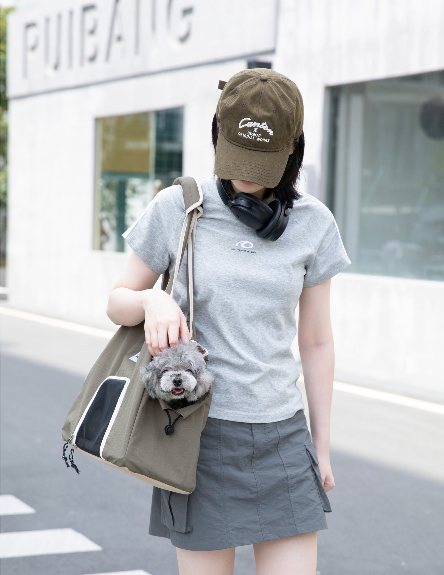 Beige pet carrier tote bag with mesh front window, worn over the shoulder while a small gray dog peeks out from the side pocket.