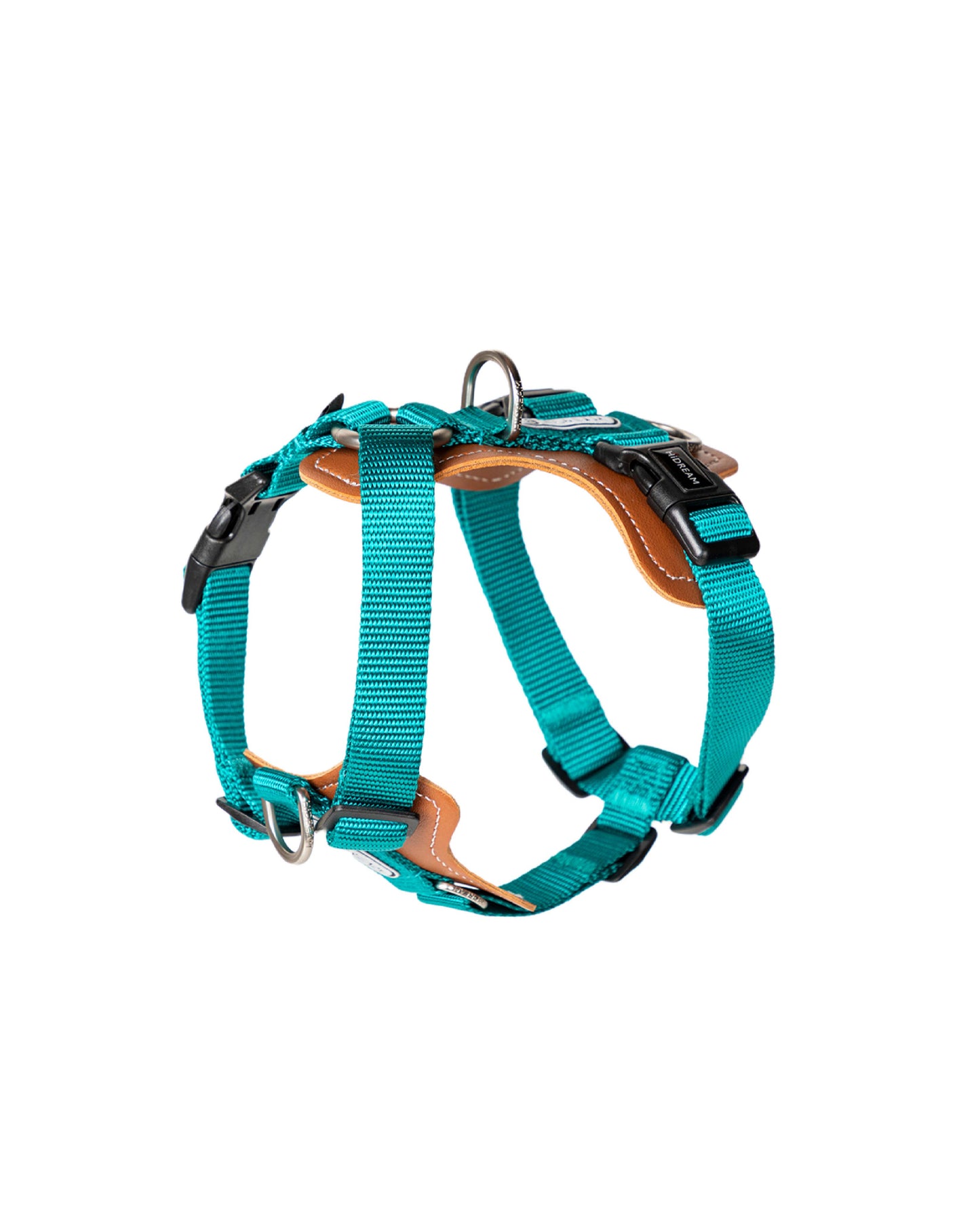 Adjustable green dog harness with vegan leather padded chest support, D-ring in front and back. no-pull design for medium to large dogs