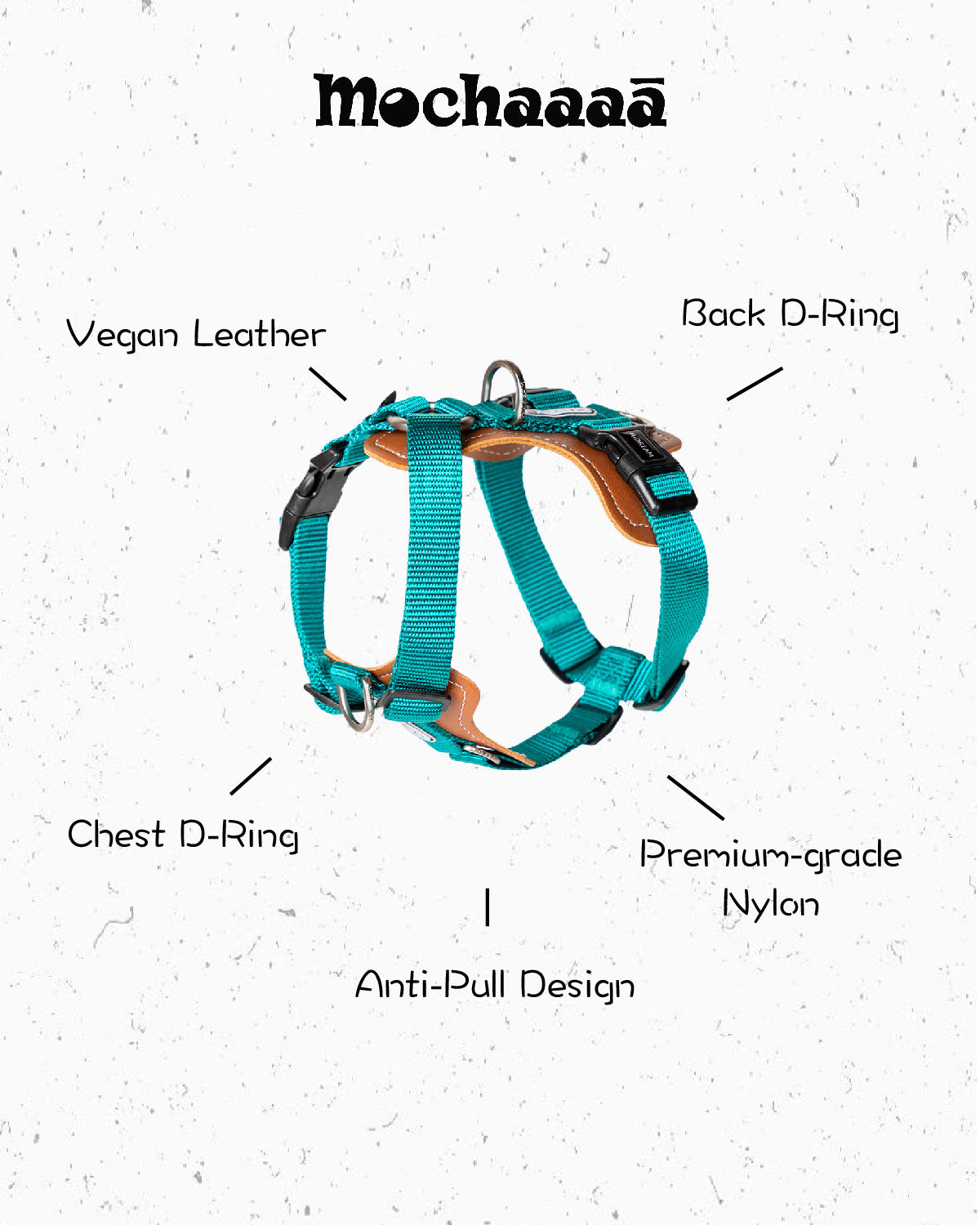 Adjustable green dog harness with vegan leather padded chest support, D-ring in front and back. no-pull design for medium to large dogs