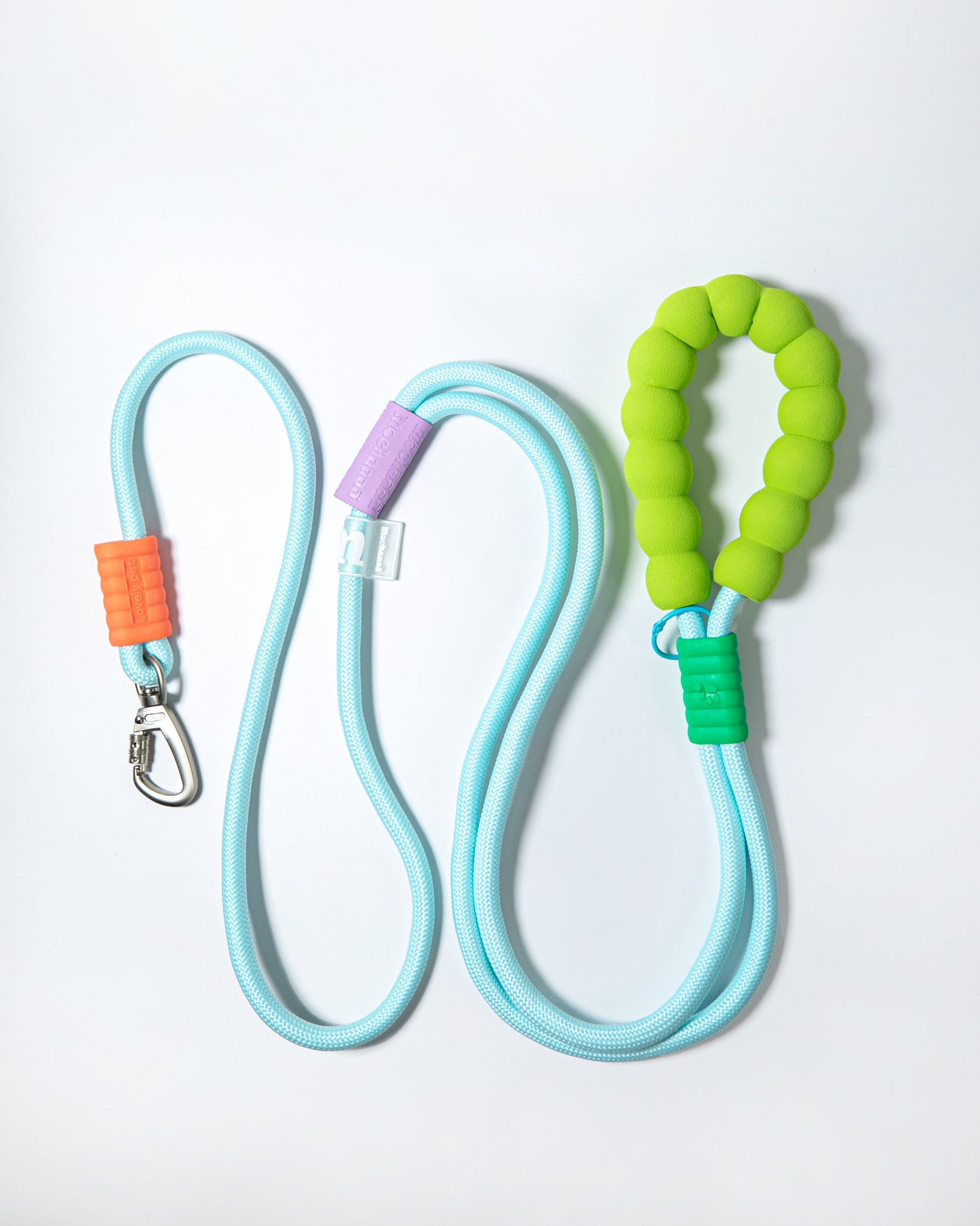 Light blue rope dog leash with bright green foam handle and secure metal clasp – stylish, durable leash for pet walking and training