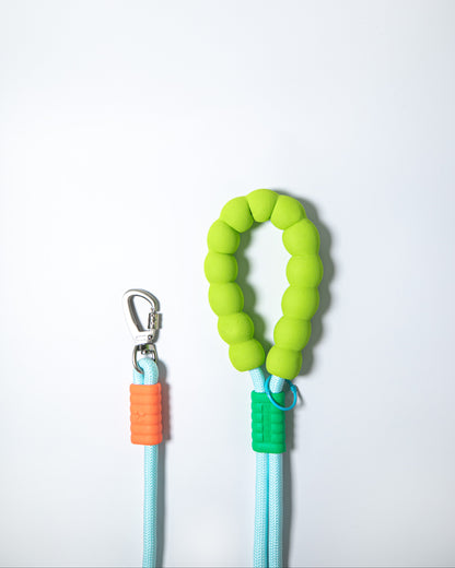 Light blue rope dog leash with bright green foam handle and secure metal clasp – stylish, durable leash for pet walking and training