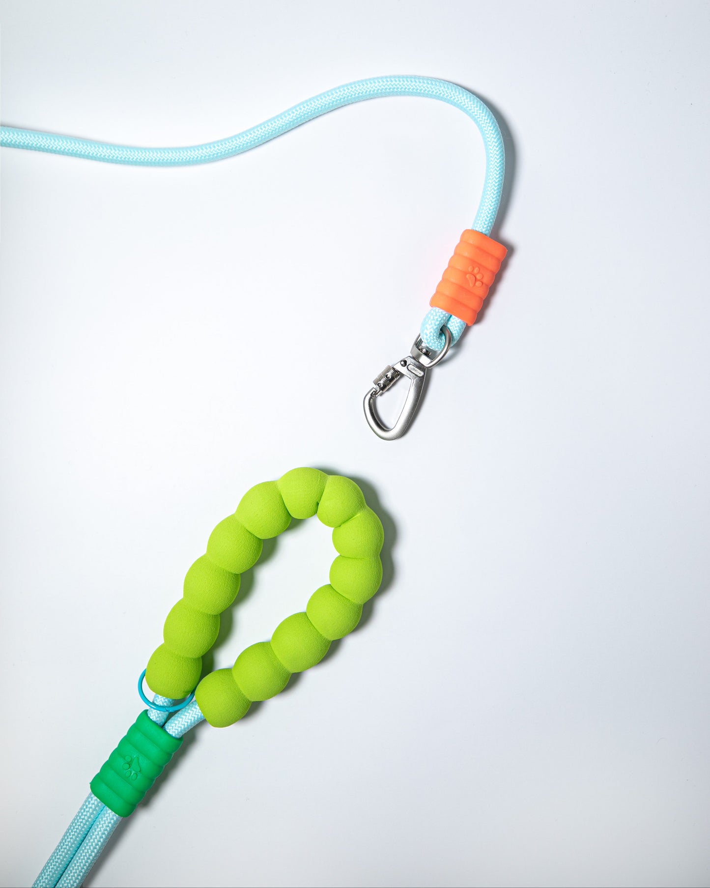 Light blue rope dog leash with bright green foam handle and secure metal clasp – stylish, durable leash for pet walking and training