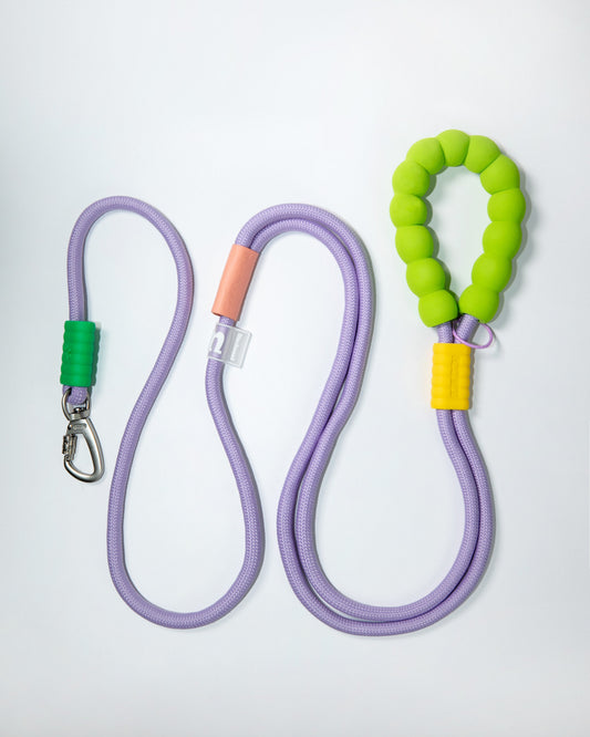 Purple rope dog leash with soft neon green and yellow foam handle – climbing rope style lead with heavy-duty metal clip for pet safety and comfort