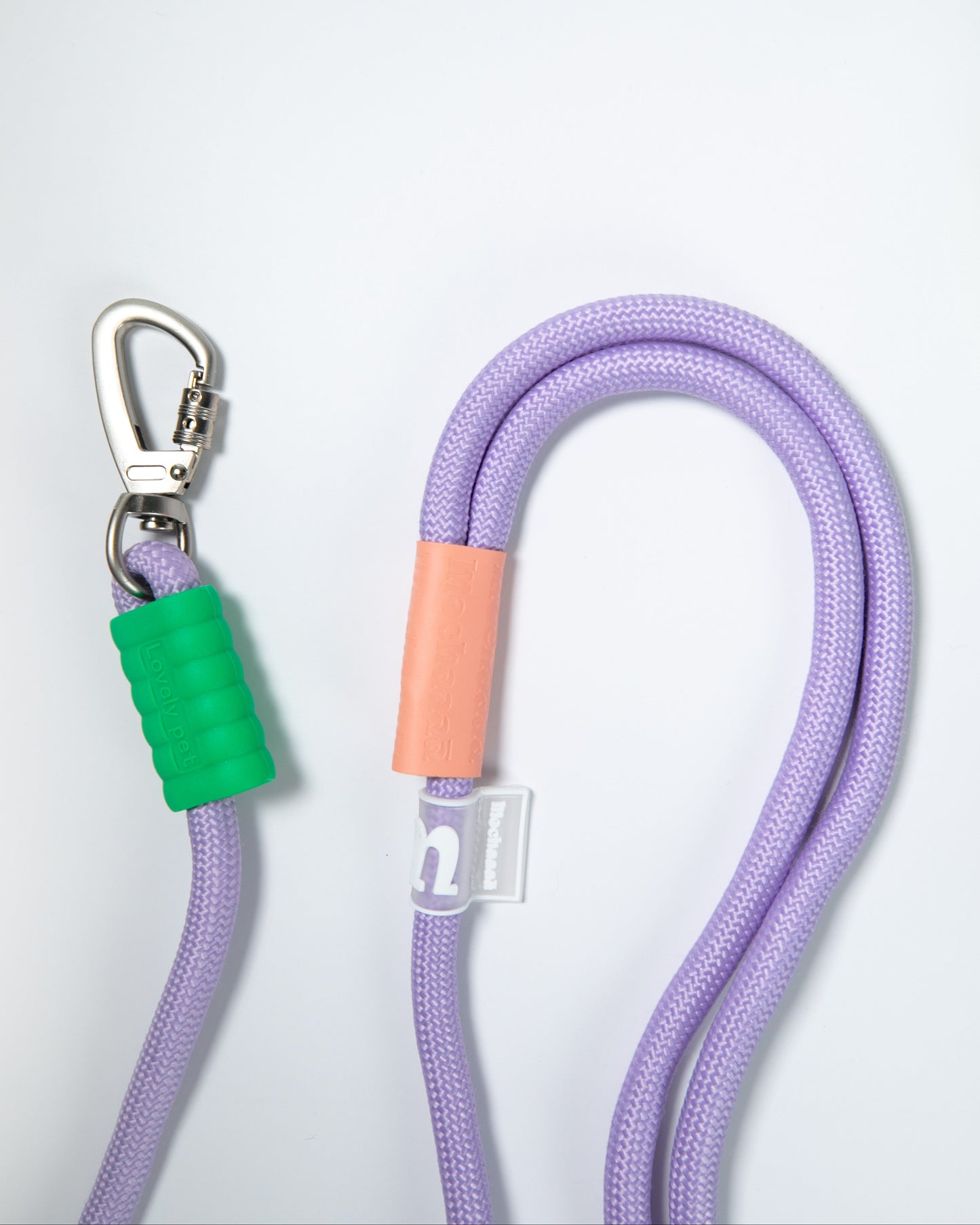Purple rope dog leash with soft neon green and yellow foam handle – climbing rope style lead with heavy-duty metal clip for pet safety and comfort