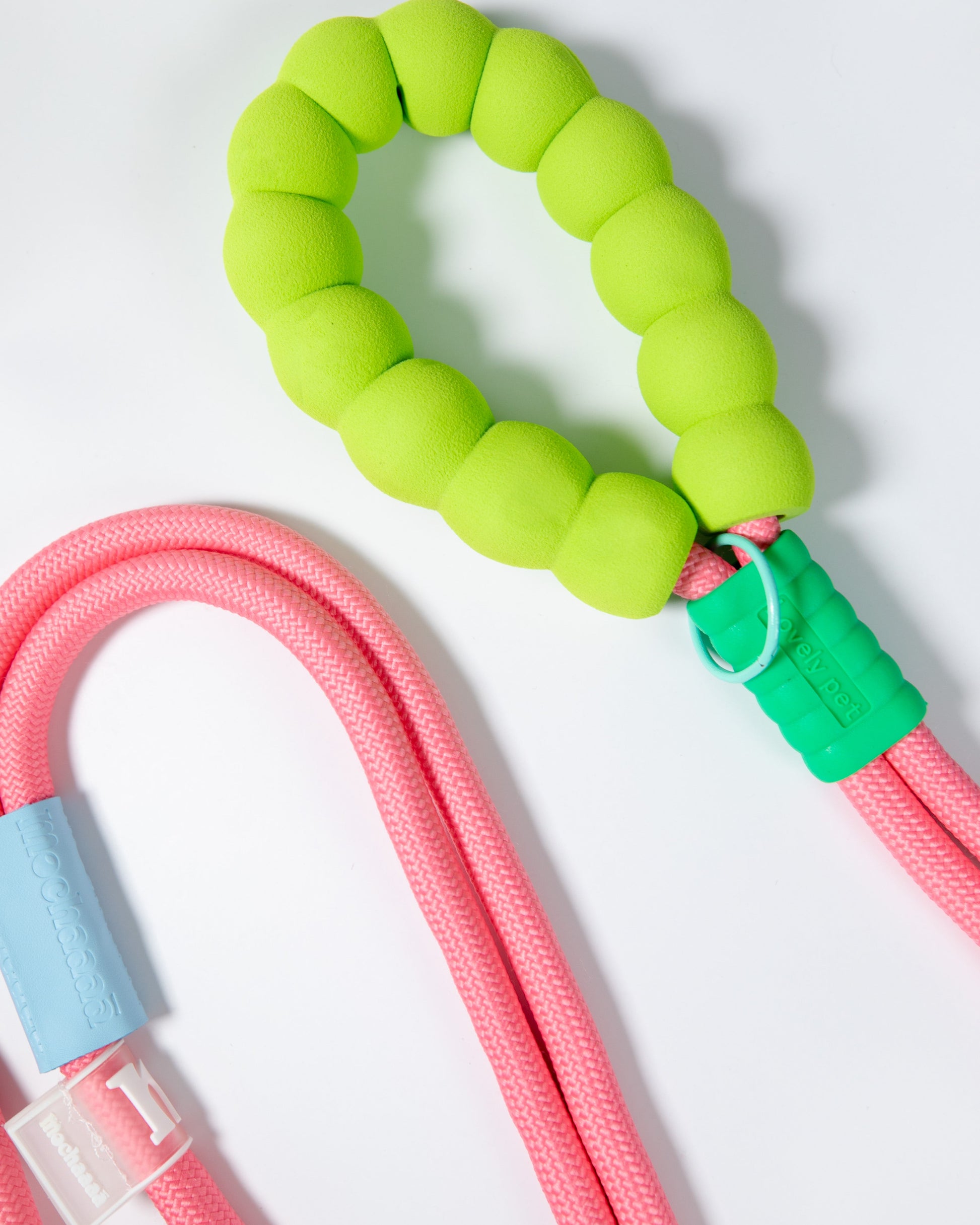 Pink rope dog leash with soft neon green padded handle – durable climbing rope style lead with secure metal clip for medium to large dogs