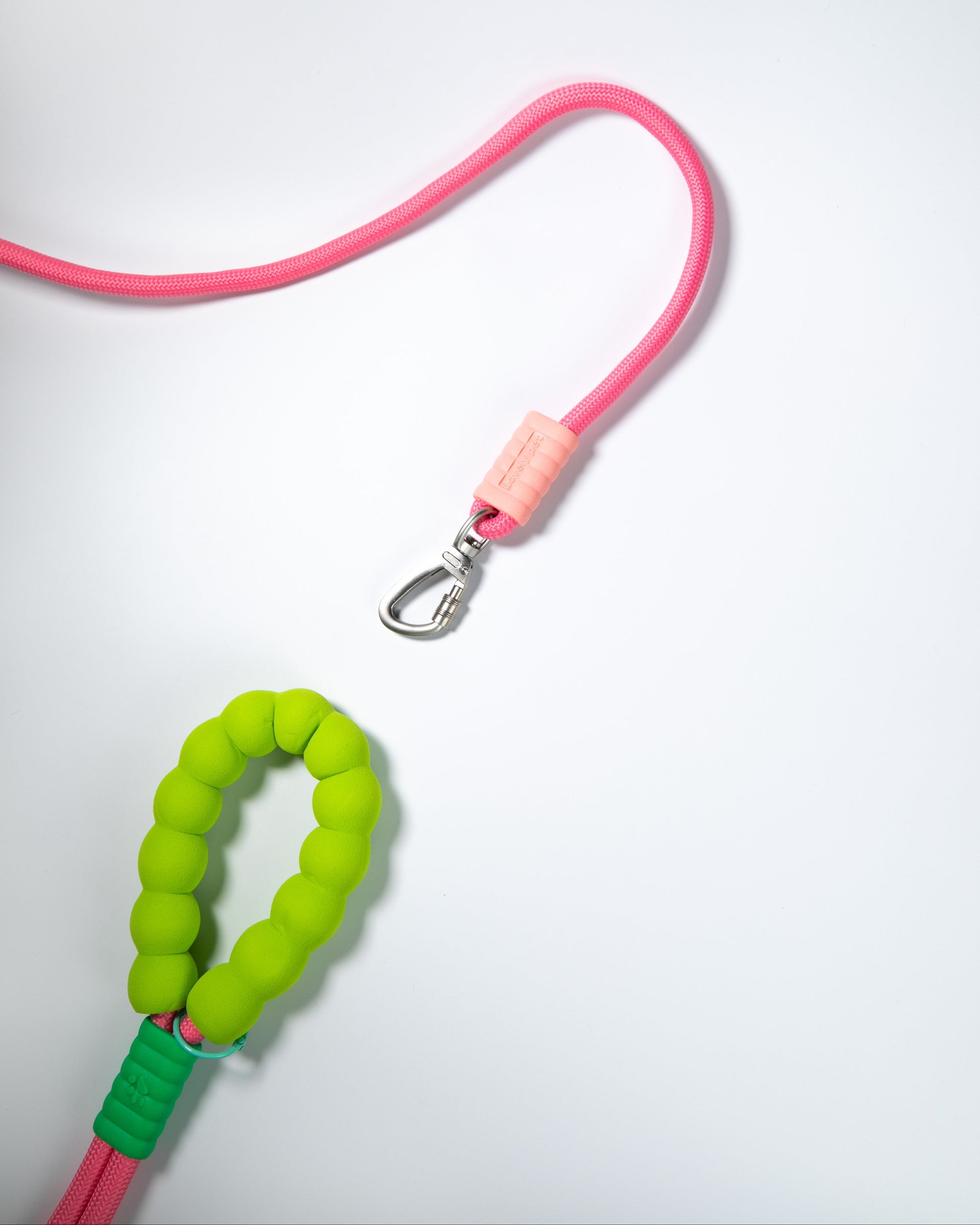 Pink rope dog leash with soft neon green padded handle – durable climbing rope style lead with secure metal clip for medium to large dogs