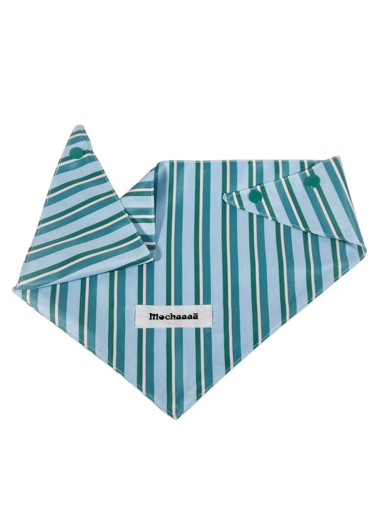 A folded pet bandana featuring a vertical stripe pattern in light blue, teal, and white, with a white brand label reading 'Mochaaaā' in the center.