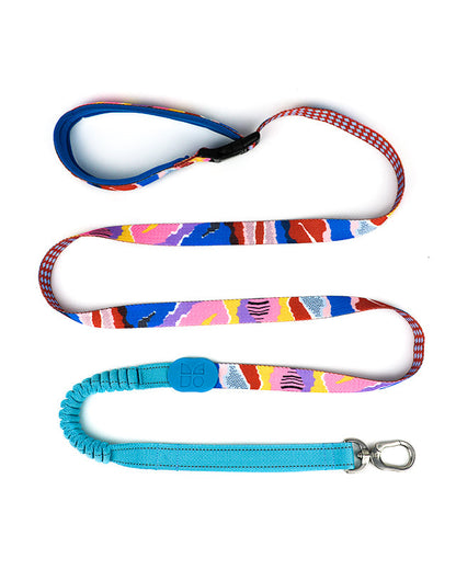 Multi-functional dog leash diagram showing features – double grip handle, adjustable buckle, stretchable bungee, high-strength hook, and durable nylon cable; ideal for crossbody, shoulder, or waist carry