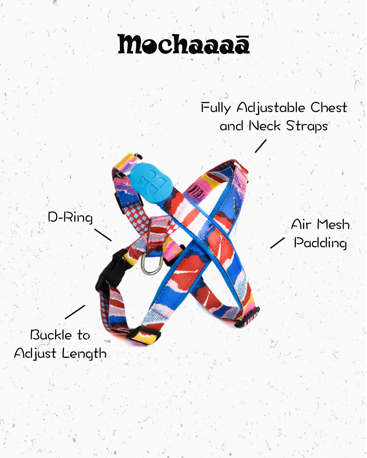 Colorful abstract pattern dog harness with blue accents – adjustable no-pull design with secure buckle, D-ring, and padded straps for stylish and safe daily walks