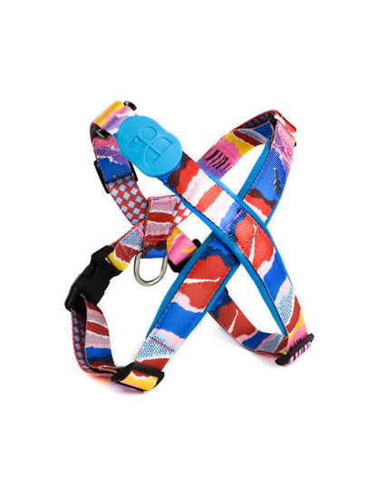 Colorful abstract pattern dog harness with blue accents – adjustable no-pull design with secure buckle, D-ring, and padded straps for stylish and safe daily walks