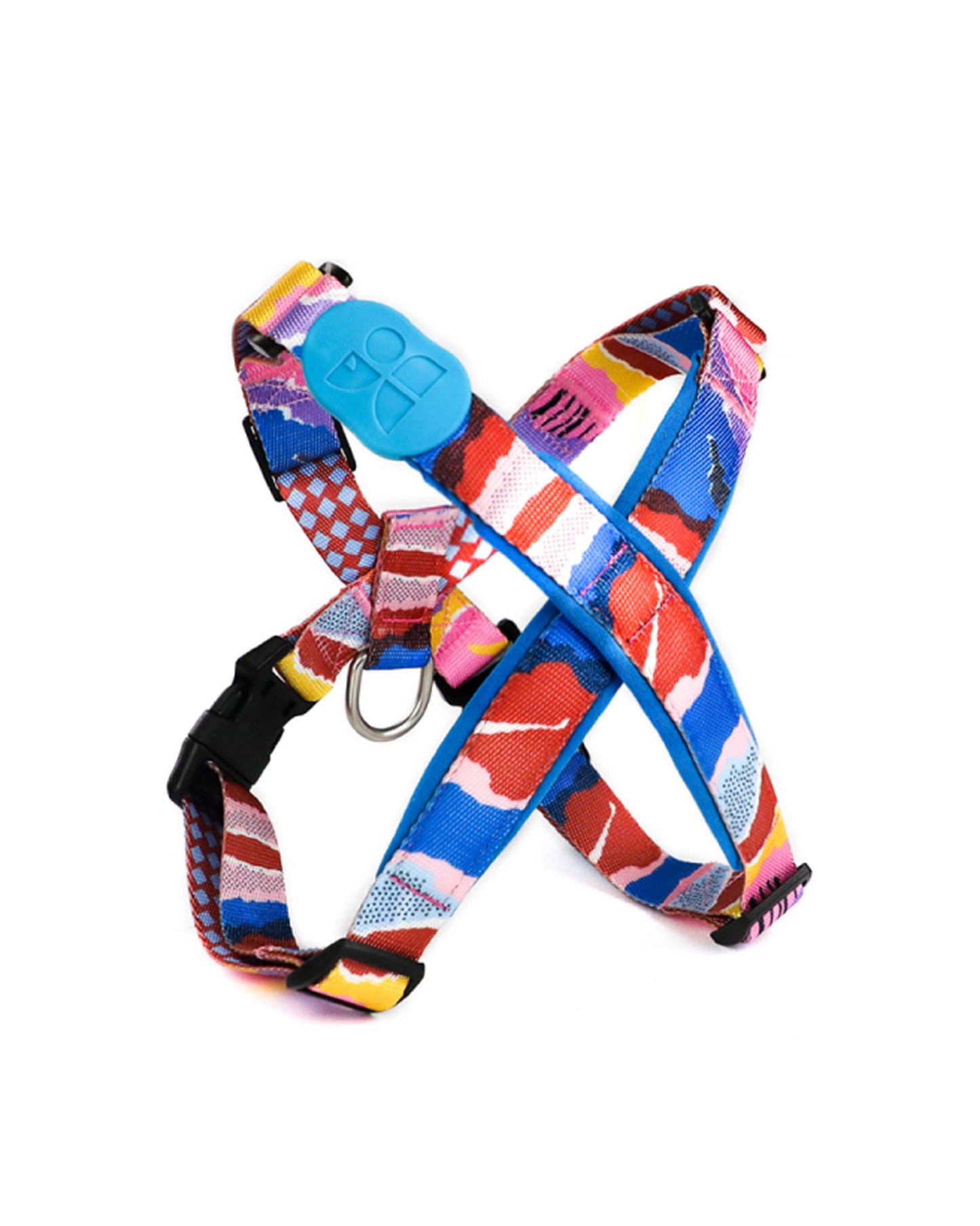 Colorful abstract pattern dog harness with blue accents – adjustable no-pull design with secure buckle, D-ring, and padded straps for stylish and safe daily walks