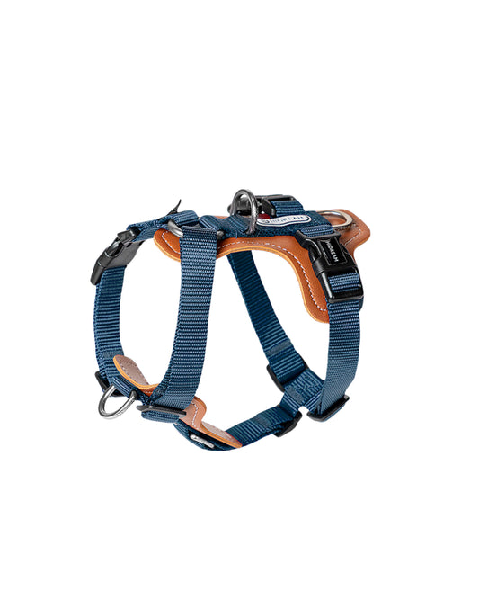 Adjustable navy blue dog harness with vegan leather padded chest support, D-ring in front and back. no-pull design for medium to large dogs