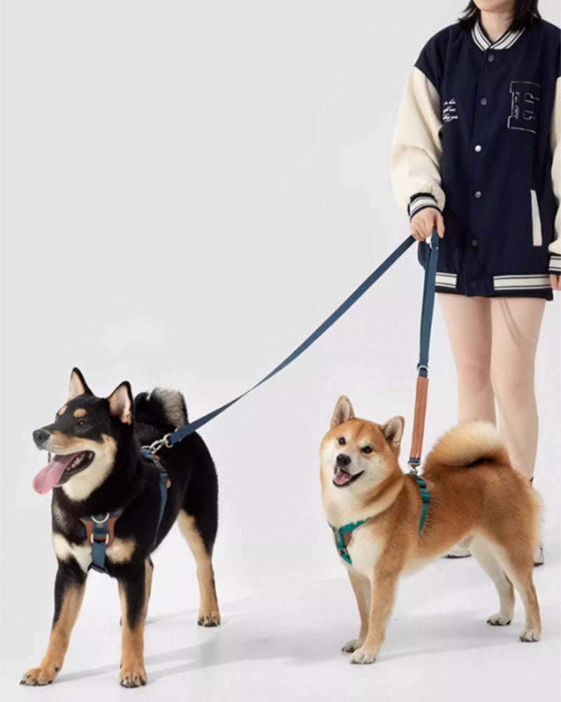 Adjustable navy blue dog harness with vegan leather padded chest support, D-ring in front and back. no-pull design for medium to large dogs