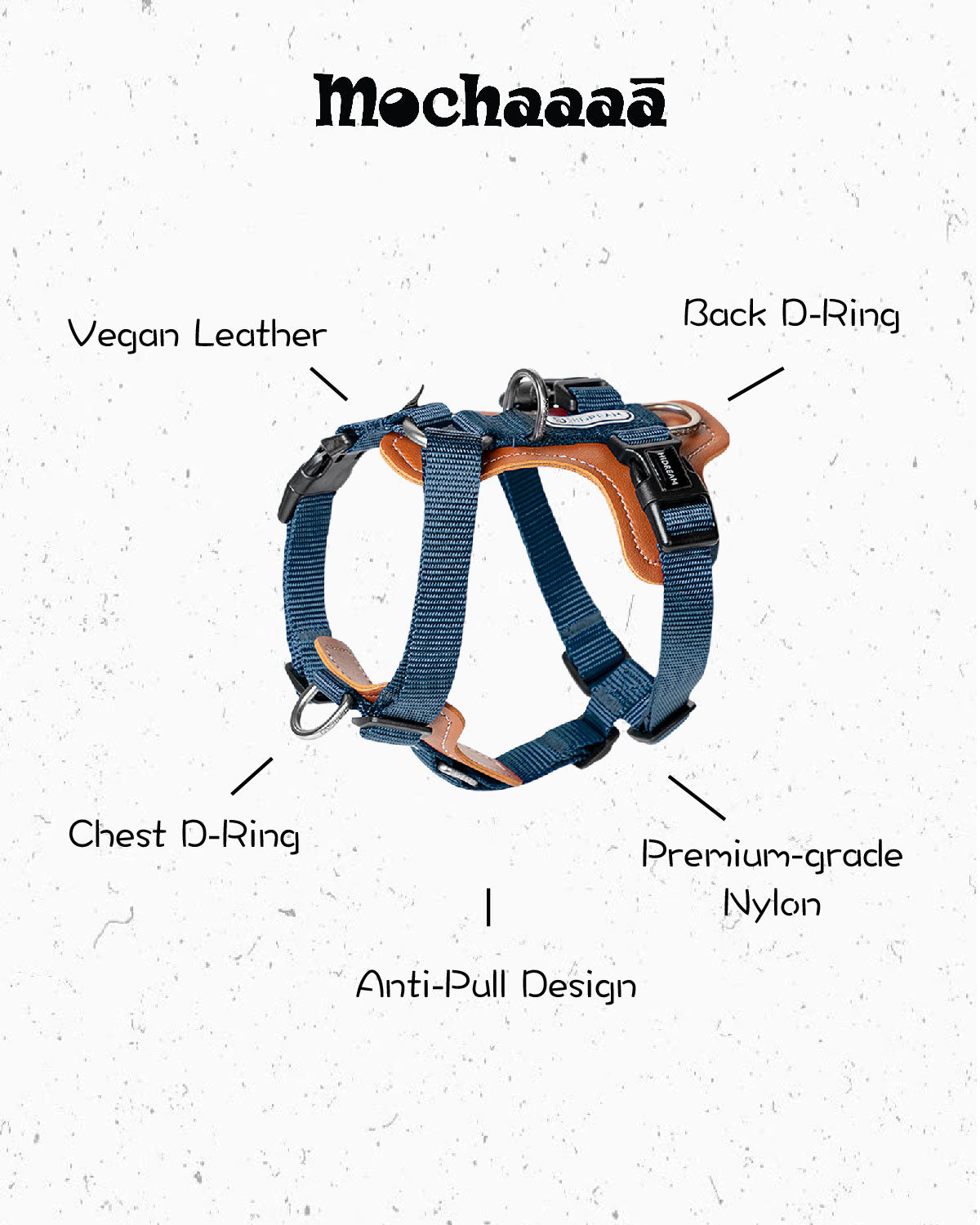 Adjustable navy blue dog harness with vegan leather padded chest support, D-ring in front and back. no-pull design for medium to large dogs