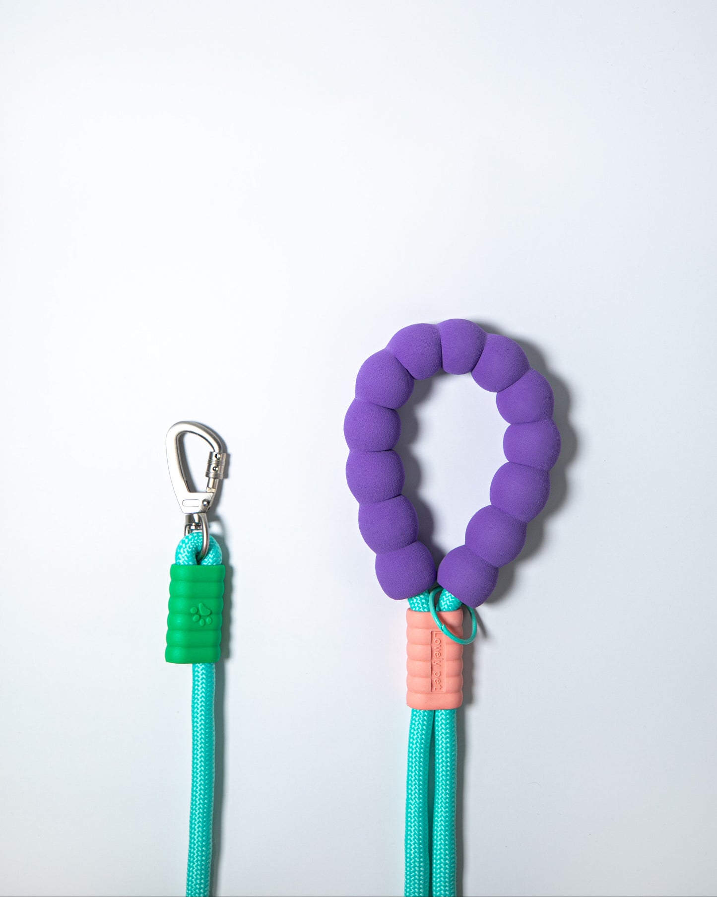 Mint green rope dog leash with purple cushioned handle and metal clip – colorful no-pull leash for pet walking and training