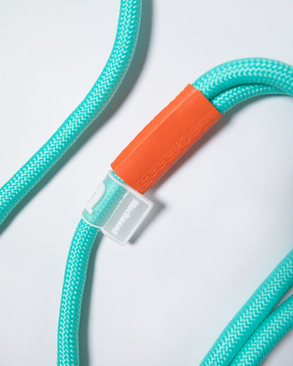 Mint green rope dog leash with purple cushioned handle and metal clip – colorful no-pull leash for pet walking and training