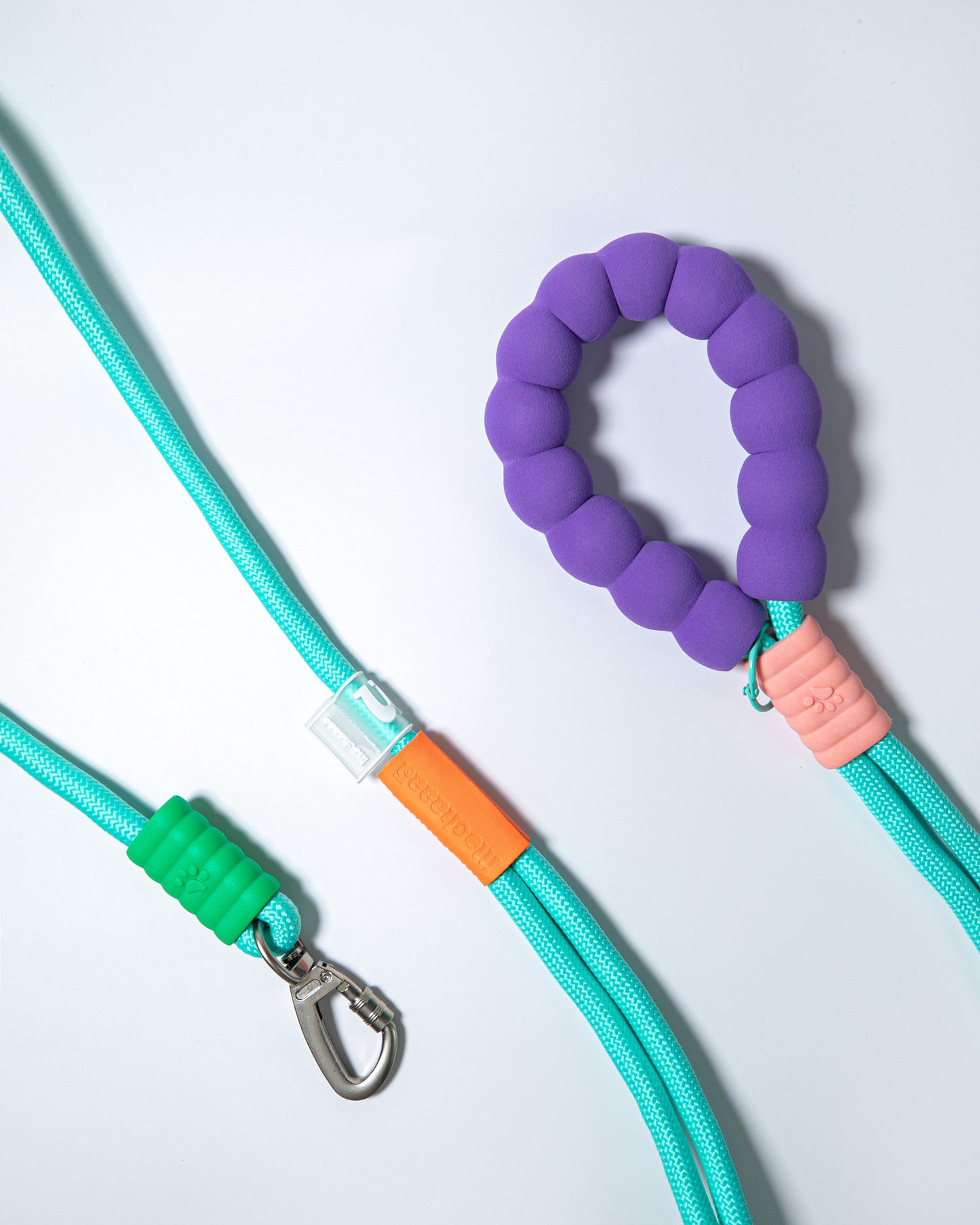Mint green rope dog leash with purple cushioned handle and metal clip – colorful no-pull leash for pet walking and training