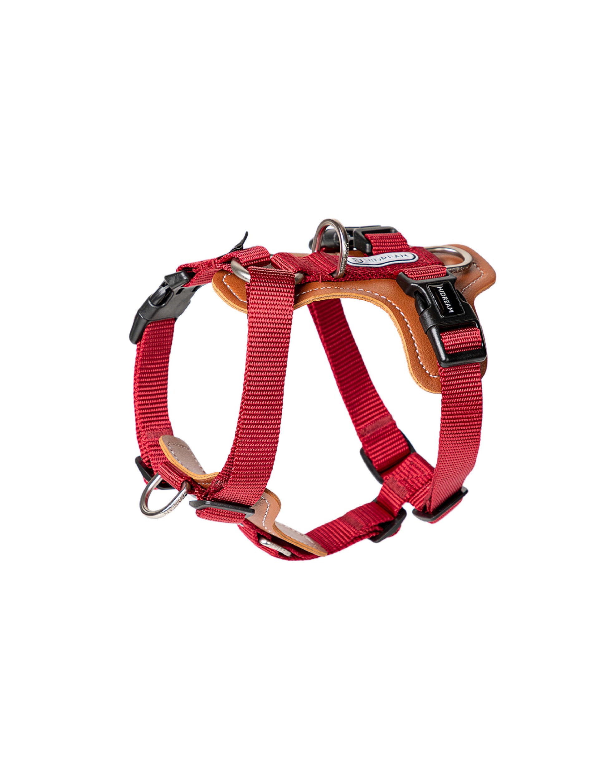 Adjustable red dog harness with vegan leather padded chest support, D-ring in front and back. no-pull design for medium to large dogs
