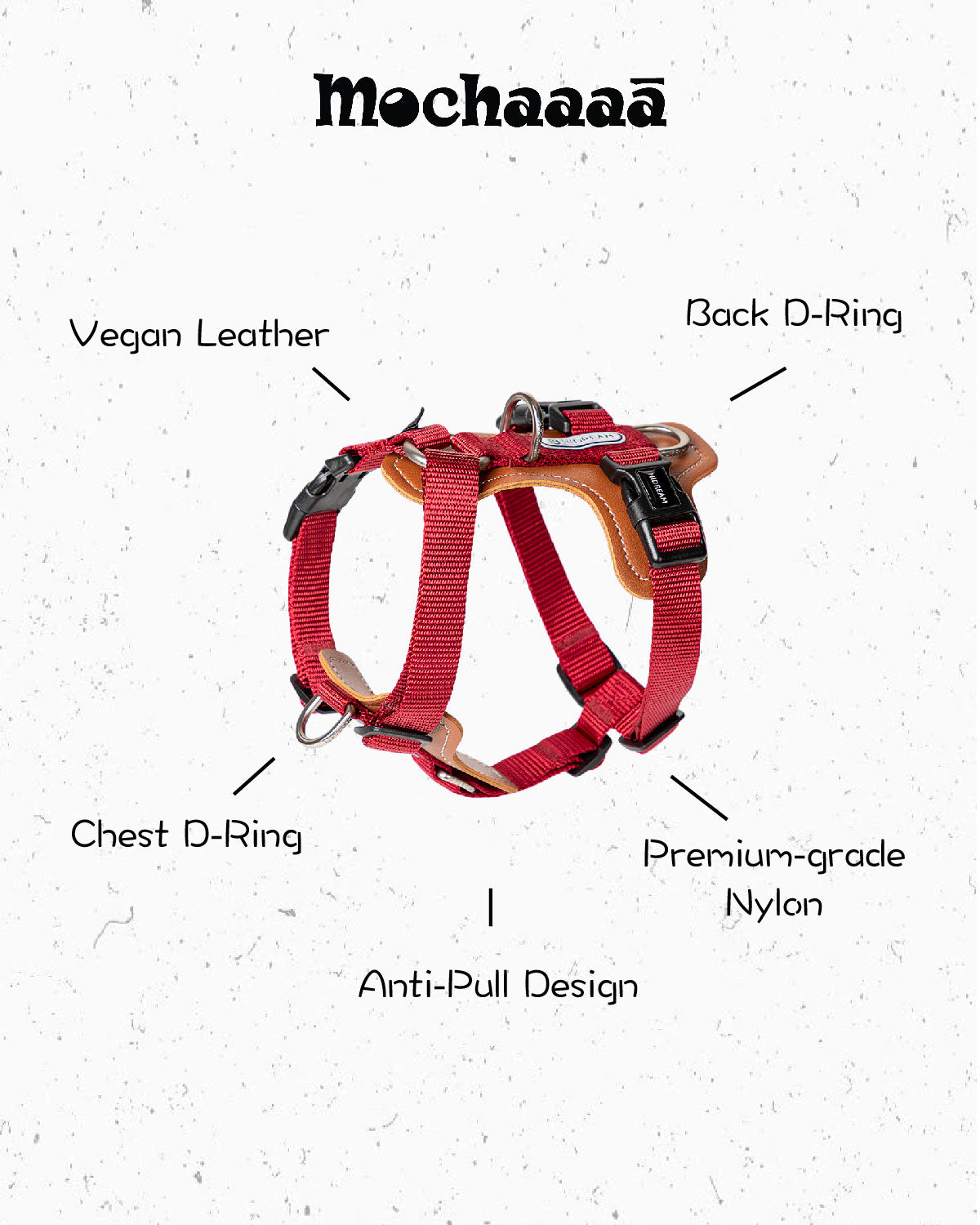 Adjustable red dog harness with vegan leather padded chest support, D-ring in front and back. no-pull design for medium to large dogs