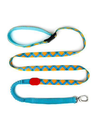 Sunrise color hands-free dog leash with blue and orange geometric pattern – adjustable, stretchable nylon leash with padded handle and metal clip for walking, training, and outdoor use