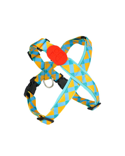 Adjustable turquoise and yellow diamond pattern dog harness with secure fit and no-pull design – ideal for daily walks and training