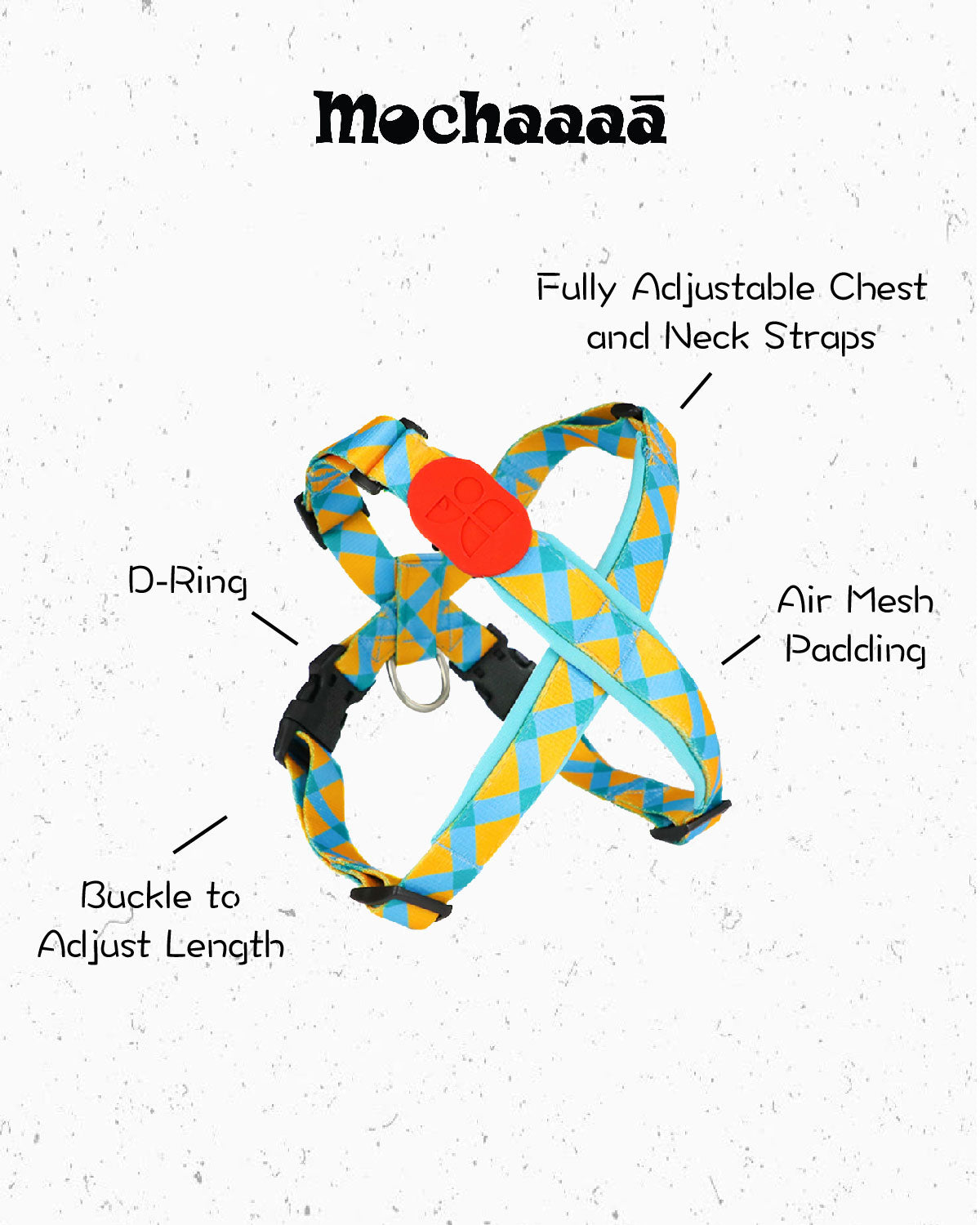 Adjustable turquoise and yellow diamond pattern dog harness with secure fit and no-pull design – ideal for daily walks and training