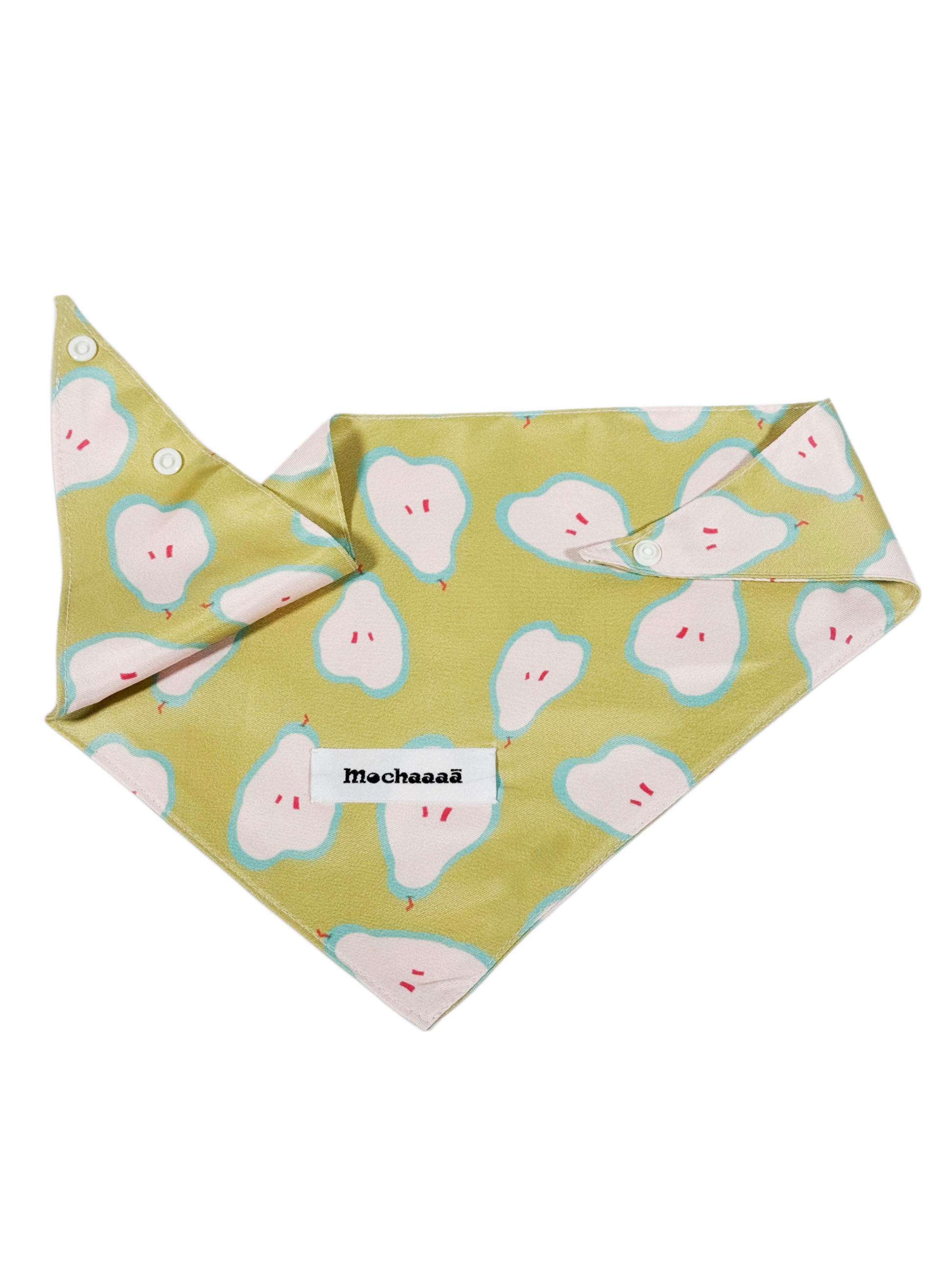 A triangular pet bandana featuring a light yellow-green background with a pattern of white pear-like fruits outlined in light blue and small red details. The bandana has three white snap buttons on the left side and a white brand label reading 'Mochaaaā' in the center.