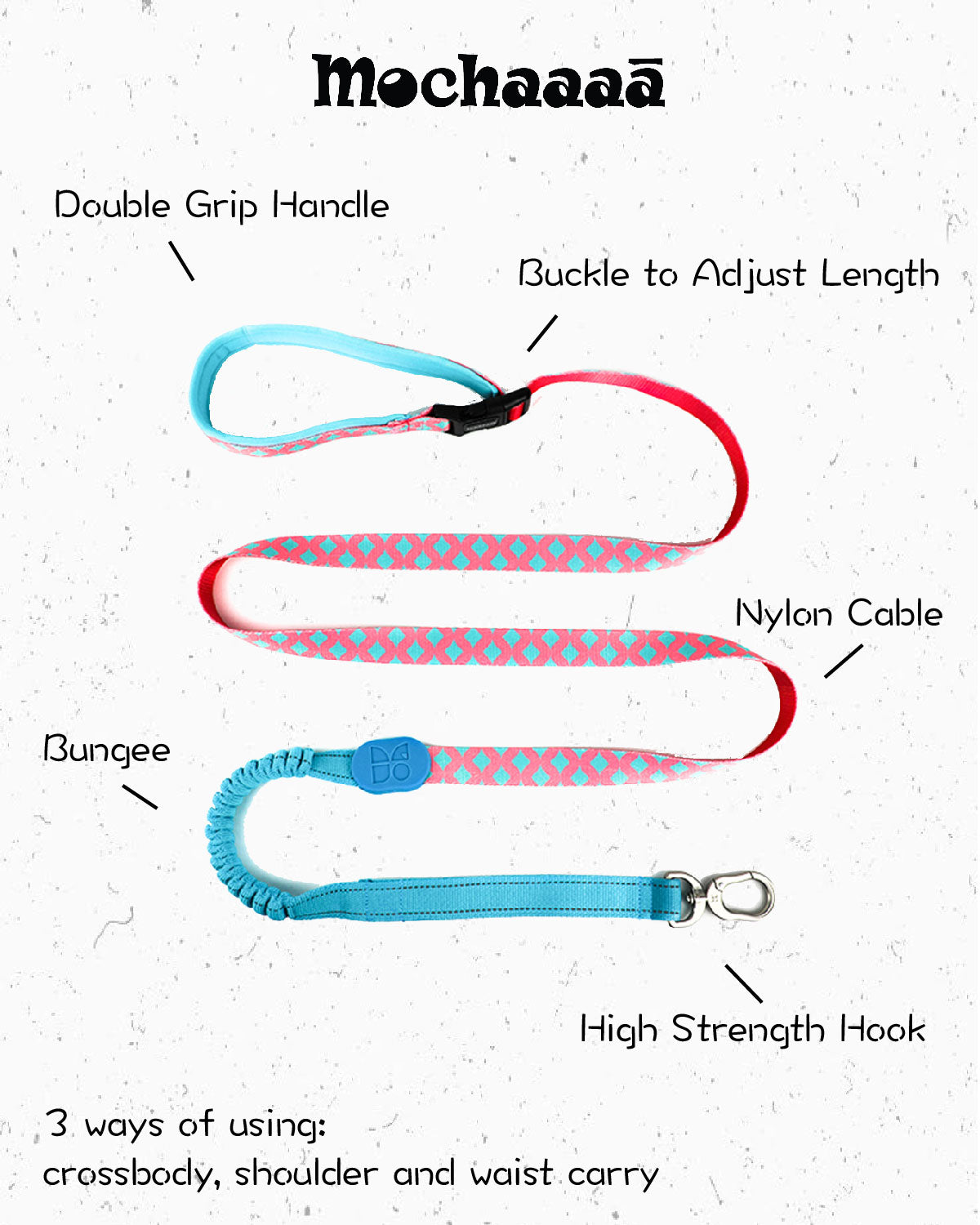 Colorful pink and teal patterned dog leash with padded handle, bungee shock absorber, and metal clip