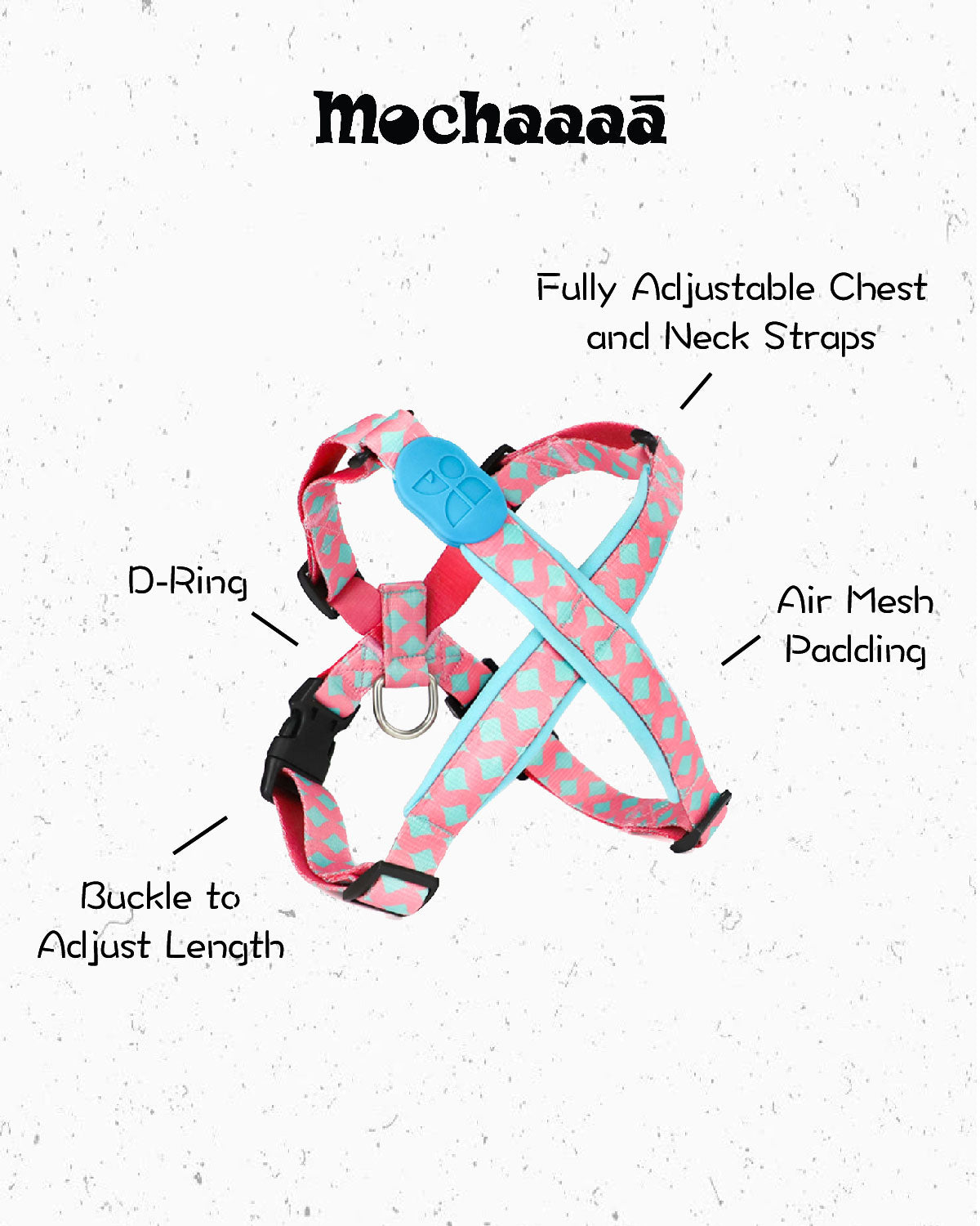 Adjustable pink and teal dog harness with geometric pattern – lightweight no-pull design made from durable nylon, features metal D-ring and secure buckle for walking and training