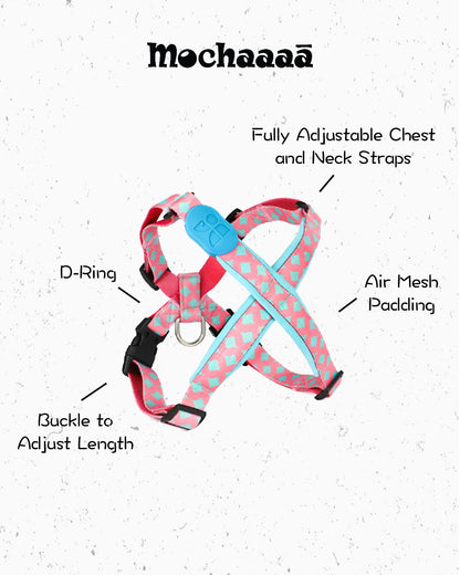 Adjustable pink and teal dog harness with geometric pattern – lightweight no-pull design made from durable nylon, features metal D-ring and secure buckle for walking and training