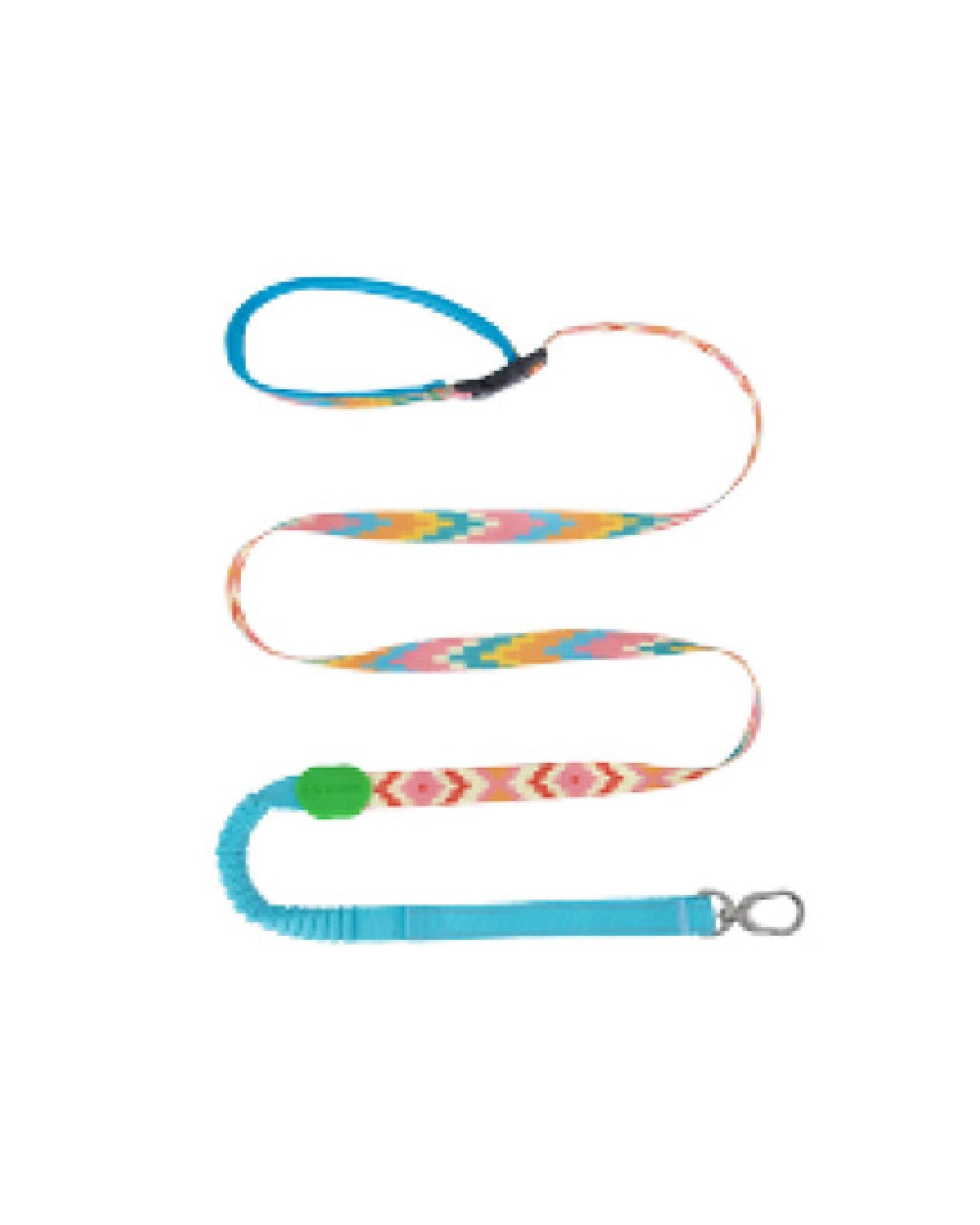 Hands-free dog leash diagram showing features – double grip handle, adjustable buckle, stretchable bungee, nylon cable, and high-strength hook; supports crossbody, shoulder, and waist carry options